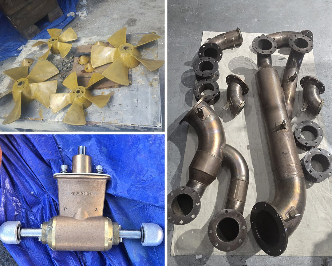 Second-hand marine parts: thruster propellers, a Sleipner thruster gearleg and exhaust elbows with flanges