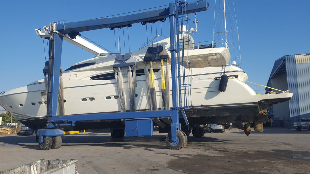 Motor yacht in a travel lift